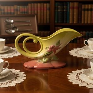 MCM Hull Pottery USA 11" Pink & Chartreuse Handle Cornucopia Vase